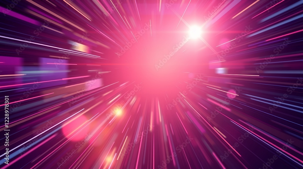 Fototapeta premium Abstract Pink Light Speed Burst: A vibrant digital art piece showcasing a dynamic burst of light and color, creating a sense of motion, energy, and futuristic technology.