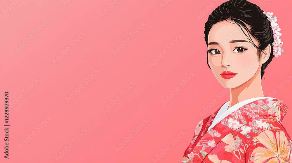 Elegant Asian Woman in Traditional Kimono with Floral Patterns Elegant Asian Woman in Traditional Kimono with Floral Patterns