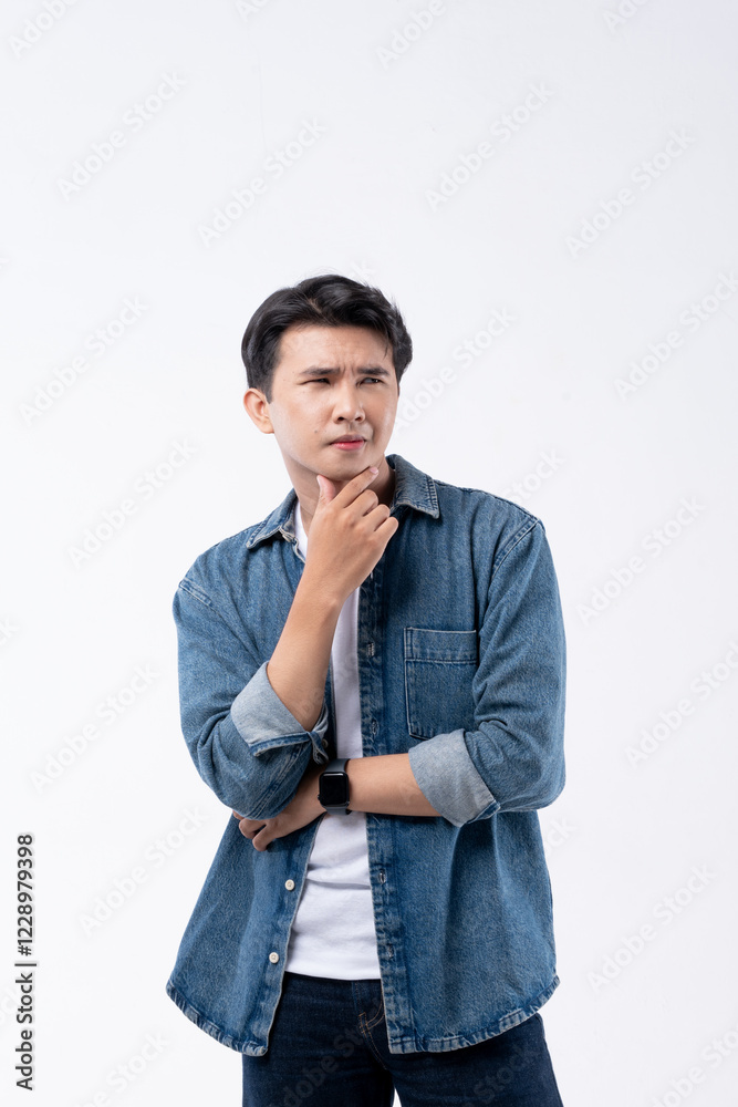 A man in a blue shirt is pointing to the sky with his finger A man in a blue shirt is pointing to the sky with his finger