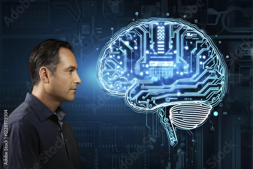 Illustration of a human brain merging with a man's head intertwined with microchips and a processor, AI generated photo