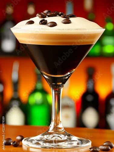 Coffee Cocktail in Martini Glass with Creamy Foam and Coffee Beans photo