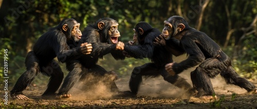 Four chimpanzees engaged in a playful wrestling match amidst a dusty forest clearing.