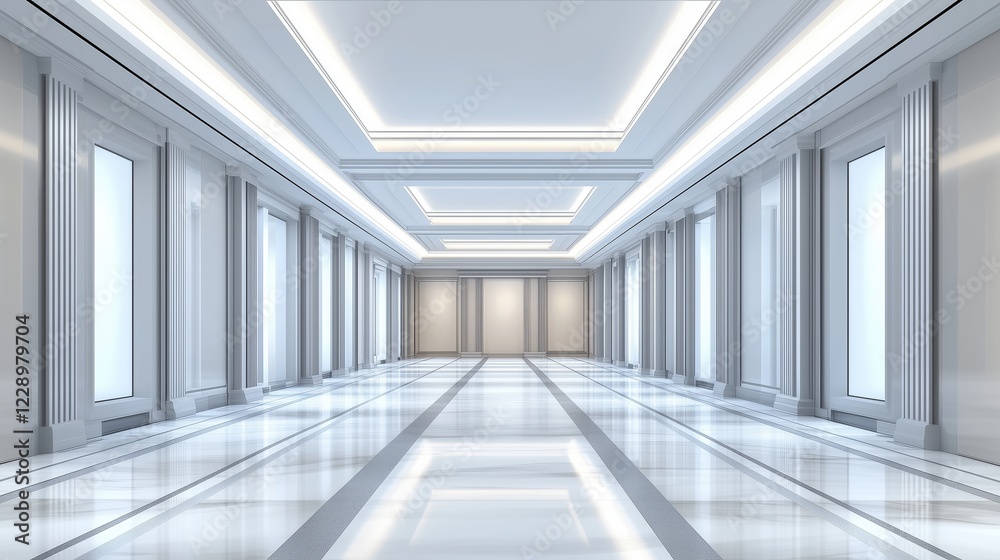Luxurious white marble hallway with classical columns and ceiling lights. Elegant architectural space. Luxurious white marble hallway with classical columns and ceiling lights. Elegant architectural space.