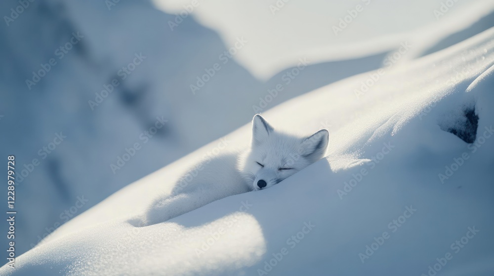 Arctic fox sleeping in snowy landscape. Arctic fox sleeping in snowy landscape.