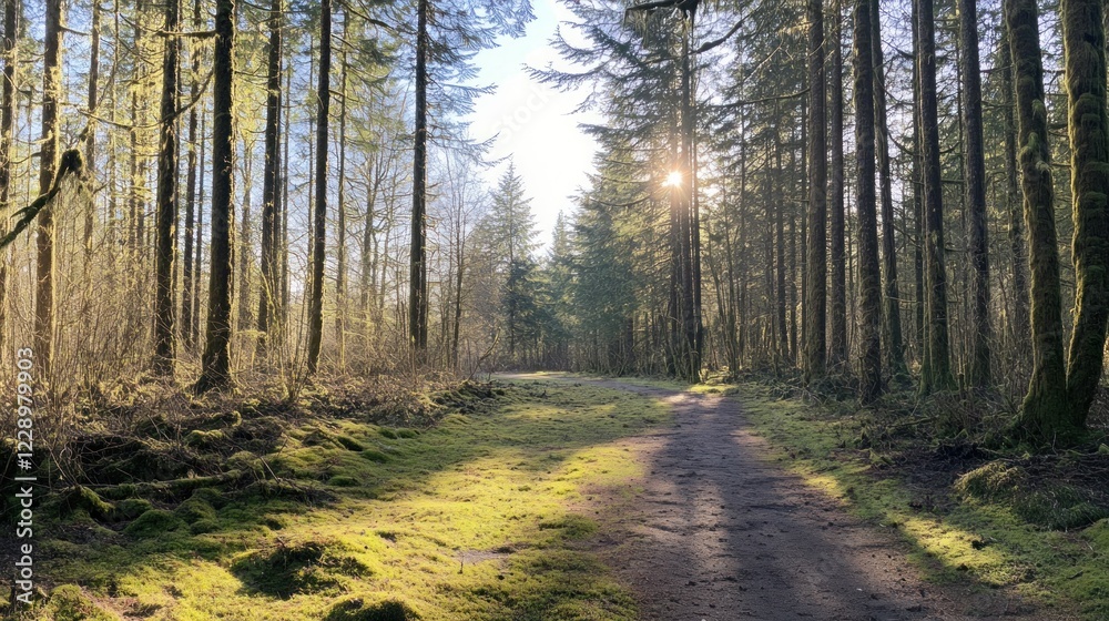 Fototapeta premium Sunlit path through a lush evergreen forest. (1)