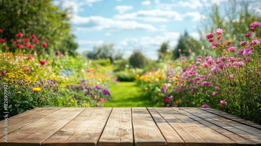 Fototapeta premium Wooden table in a vibrant flower garden on a sunny day.