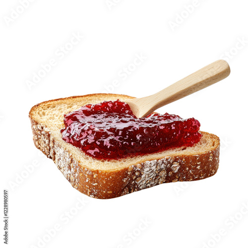 Slice of bread topped with raspberry jam and wooden spreader