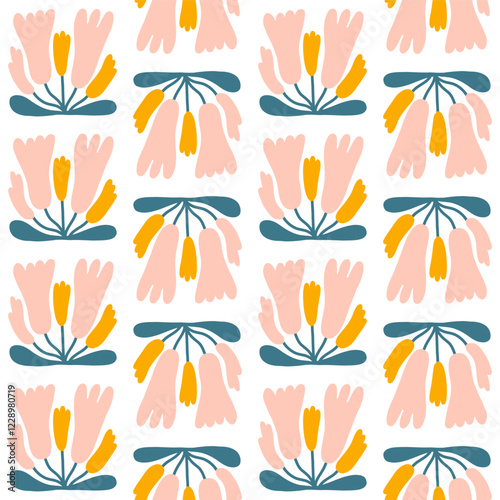 Abstract floral seamless pattern in hand drawn style. Vector coloful illustrated flowers on white background. Botanical seamless print for fabric, wallpaper or wrapping paper.