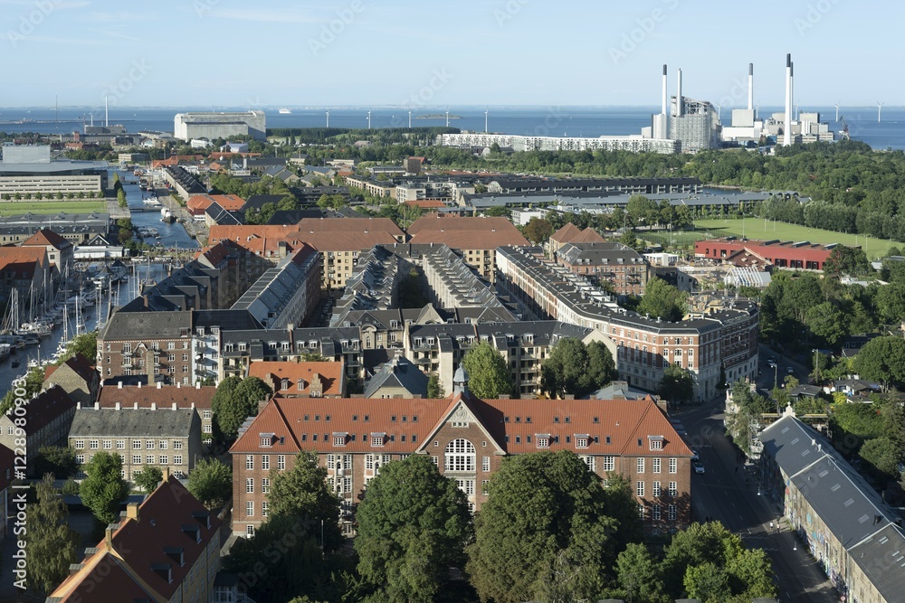 Fototapeta premium Christianshavn, waste-to-energy plant behind, view from Church of Our Saviour, Copenhagen, Denmark, Europe