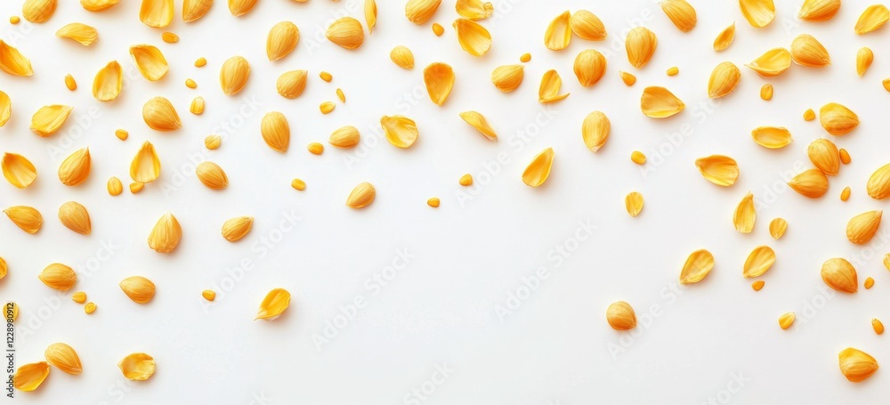 Scattered pasta shells on white background, food photography, recipe design