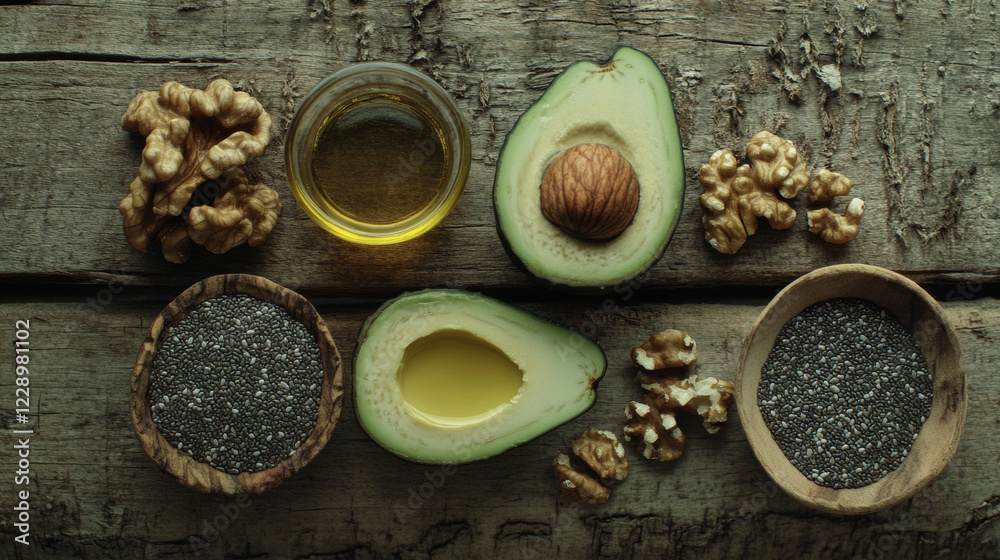 Fototapeta premium Artistic layout of healthy fat sources including avocado, olive oil, walnuts, and chia seeds, showcasing natural ingredients on rustic wooden background
