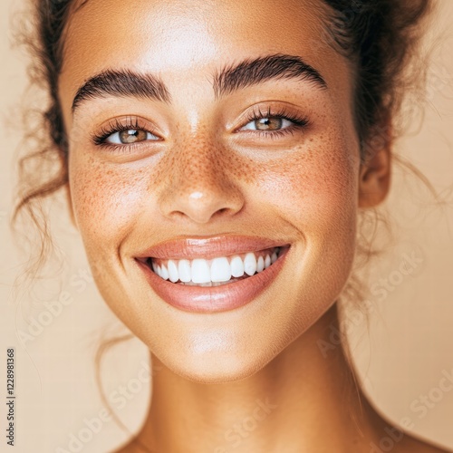 A close-up shot of a young woman beaming with joy, featuring radiant skin and natural freckles. Pure happiness! photo