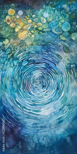 A blue and green painting of a wave. The painting is very detailed and has a lot of different colors