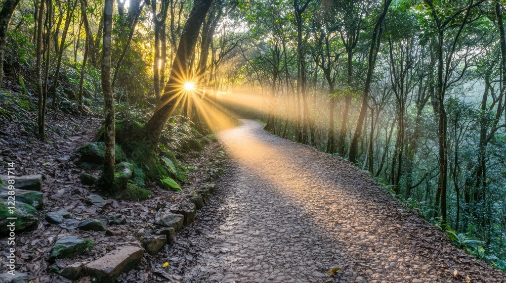 Fototapeta premium Sun rays illuminate a forest path at sunrise.