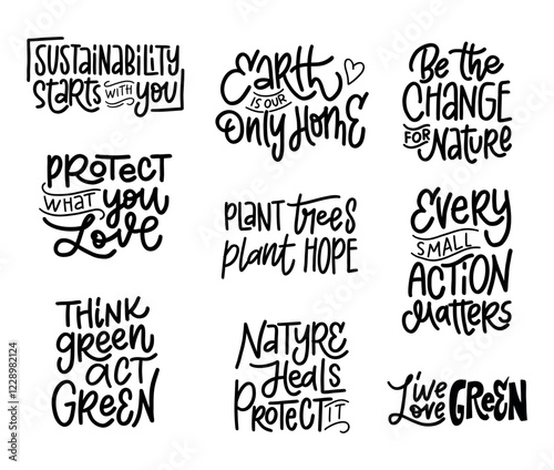 A set of 8 inspiring hand-lettered quotes about sustainability and environmental protection. Perfect for creating eco-friendly posters, merchandise