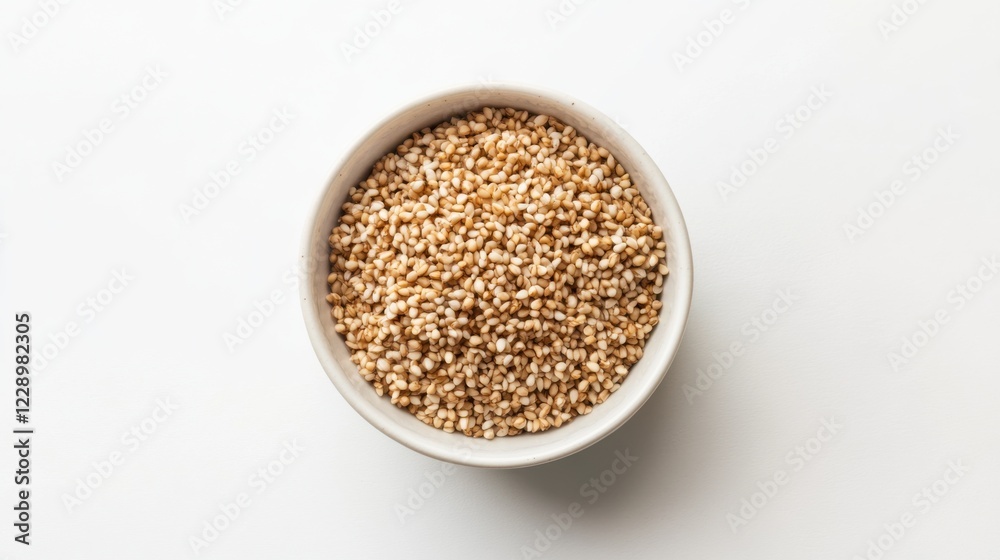 A minimalist bowl of plain buckwheat with a light drizzle of sesame oil and a sprinkle of toasted sesame seeds, served in a simple white ceramic bowl, Buckwheat centered A minimalist bowl of plain buckwheat with a light drizzle of sesame oil and a sprinkle of toasted sesame seeds, served in a simple white ceramic bowl, Buckwheat centered