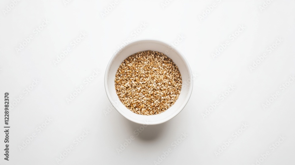 A minimalist bowl of plain buckwheat with a light drizzle of sesame oil and a sprinkle of toasted sesame seeds, served in a simple white ceramic bowl, Buckwheat centered A minimalist bowl of plain buckwheat with a light drizzle of sesame oil and a sprinkle of toasted sesame seeds, served in a simple white ceramic bowl, Buckwheat centered