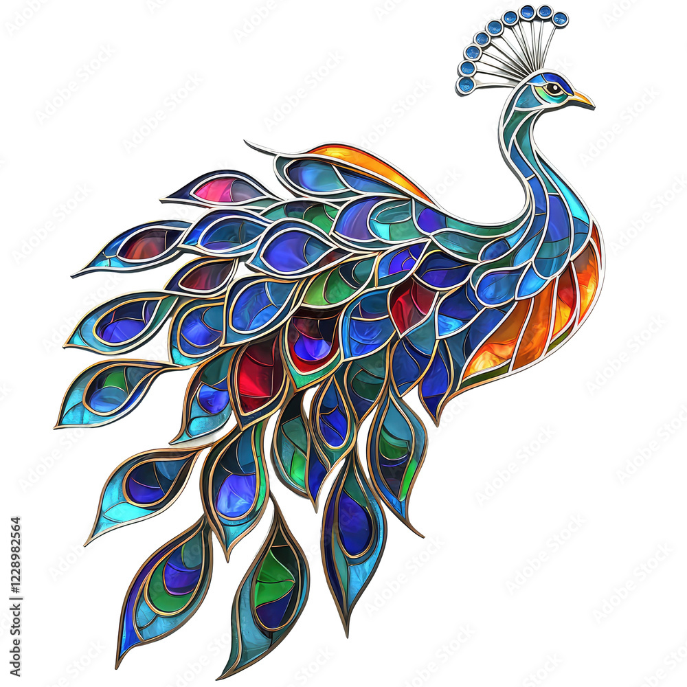Obraz premium Vibrant 3D Peacock Design in Stained Glass with Colorful Feathers on transparent background