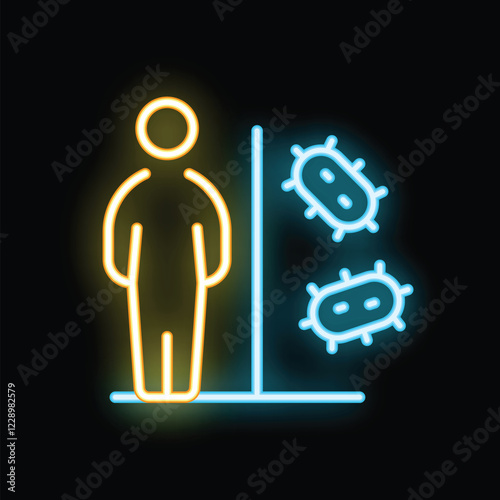 Neon glowing icon of a person standing and avoiding bacteria or virus spreading in the air