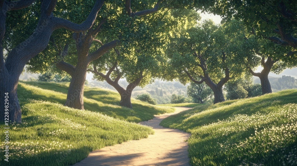 Obraz premium Sunlit path winding through a lush green landscape with rolling hills and mature trees.