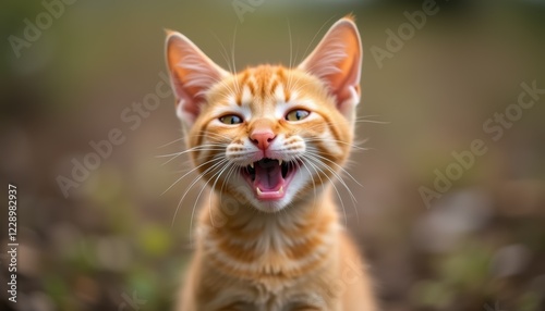 Funny smiling cat with a cute expression, Red background highlights the animal's charm.