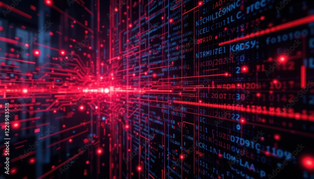 Obraz premium Red digital data stream flowing through network