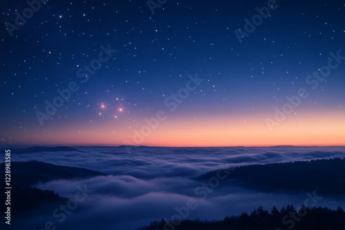 Serene Sunset Starry Night Misty Mountains Landscape