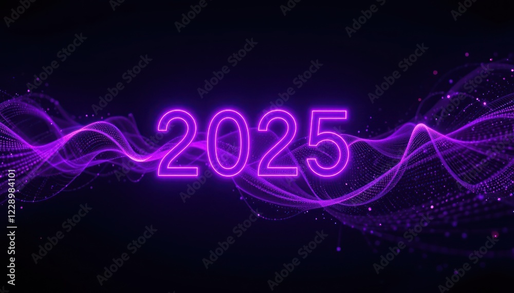 Obraz premium Glowing 2025 neon sign, particle waves, dark background, New Year's card