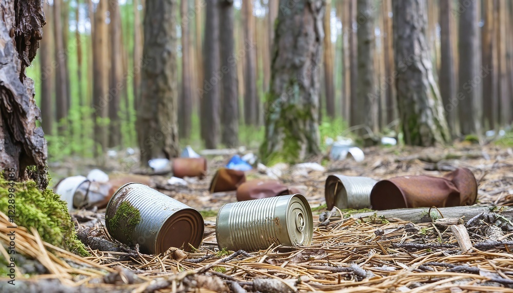 Fototapeta premium Symbolic photo, a forest of thick tree trunks, many rusty tin cans on the ground, waste, environmental pollution, AI generated, AI generated