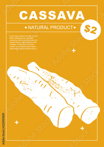 Cassava. Set of posters of vegetables in a abstract draw design. Label or poster, price tag. Simple, flat design. Patterns and backgrounds. Perfect for poster, cover, banner.