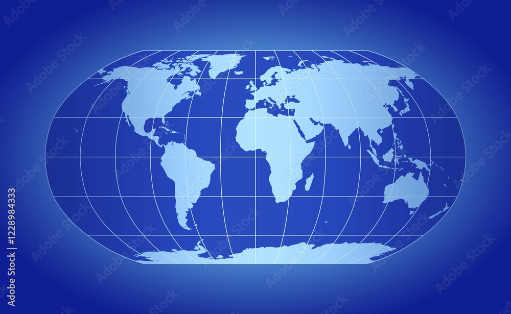 Blue world map, Robinson projection, with grid lines on blue backdrop Blue world map, Robinson projection, with grid lines on blue backdrop