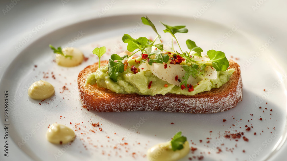 Creamy avocado spread on toasted bread topped with cress and spices, creating delightful and fresh appetizer