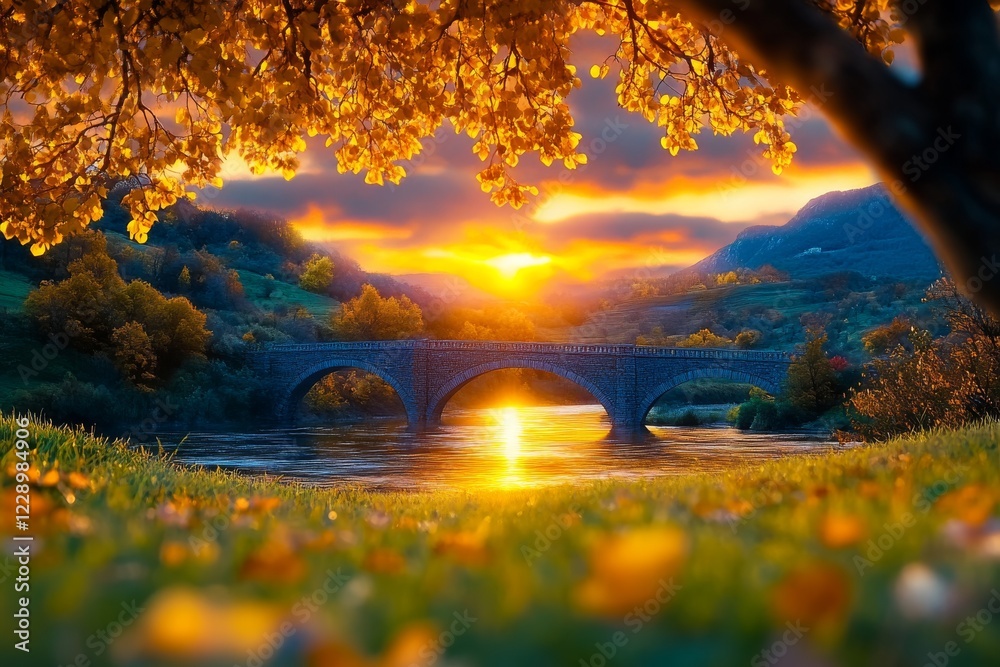 Fototapeta premium A photographer capturing the sunset behind an old bridge. Generative AI