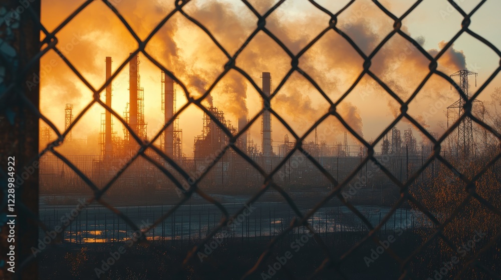 A fence is seen behind a large industrial plant. The fence is covered in smoke and the sky is orange A fence is seen behind a large industrial plant. The fence is covered in smoke and the sky is orange