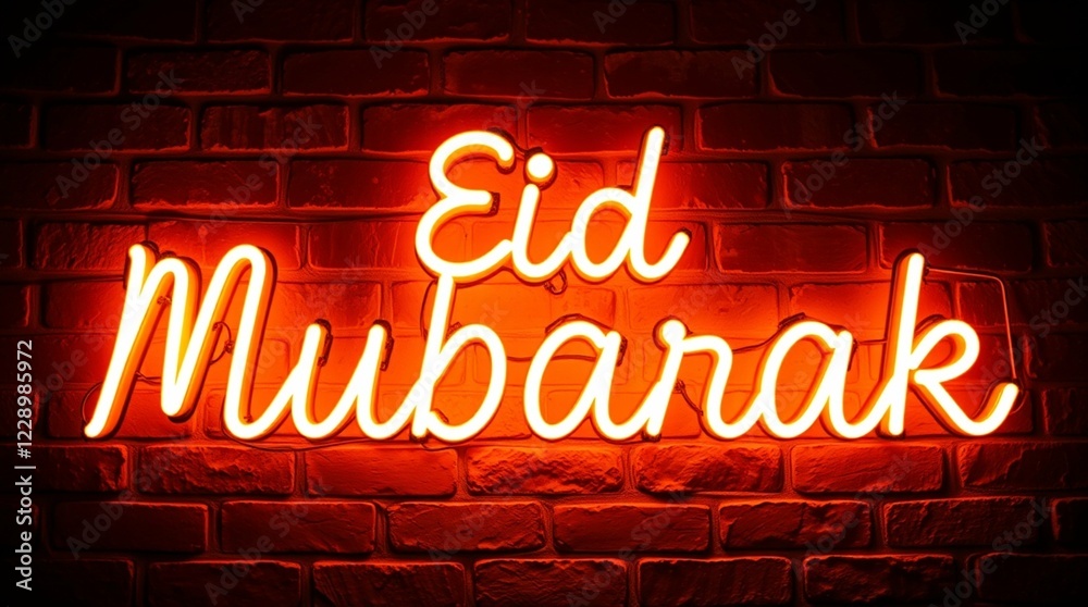 Eid Mubarak Neon Sign Display Urban Brick Wall Digital Artwork Evening Ambiance Vibrant Design Eid Mubarak Neon Sign Display Urban Brick Wall Digital Artwork Evening Ambiance Vibrant Design