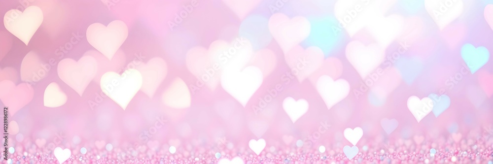 Romantic glowing background with glitter heart shaped confetti. Delicate pastel Valentine's Day background Romantic glowing background with glitter heart shaped confetti. Delicate pastel Valentine's Day background