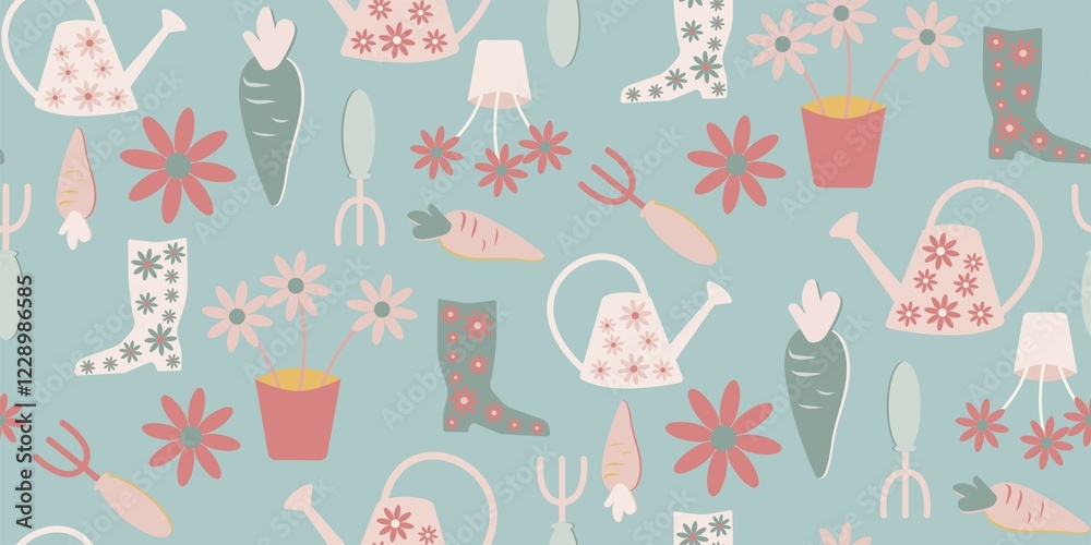 Fototapeta premium Gardening symbols seamless repeating pattern illustration on light blue background