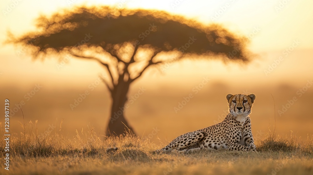 Cheetah resting in golden savanna sunset, acacia tree backdrop. Cheetah resting in golden savanna sunset, acacia tree backdrop.