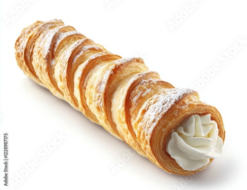 Cream-filled puff pastry roll, dusted with powdered sugar, isolated on white.