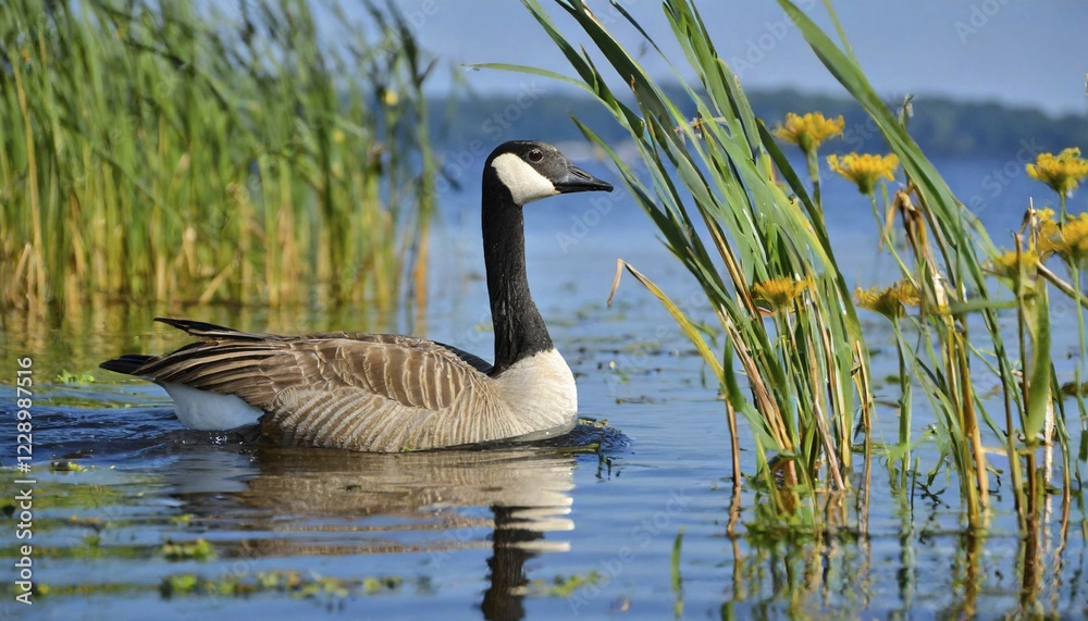 Obraz premium AI generates, animal, animals, bird, birds, biotope, habitat, a, individual, swims, water, reeds, water lilies, blue sky, foraging, wildlife, summer, seasons