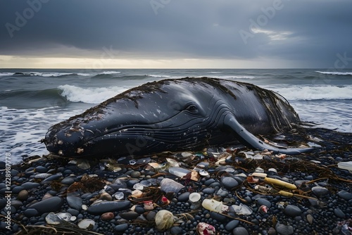 Whale washed ashore belly teeming with plastic detritus marine mammal plight accentuated, AI generated