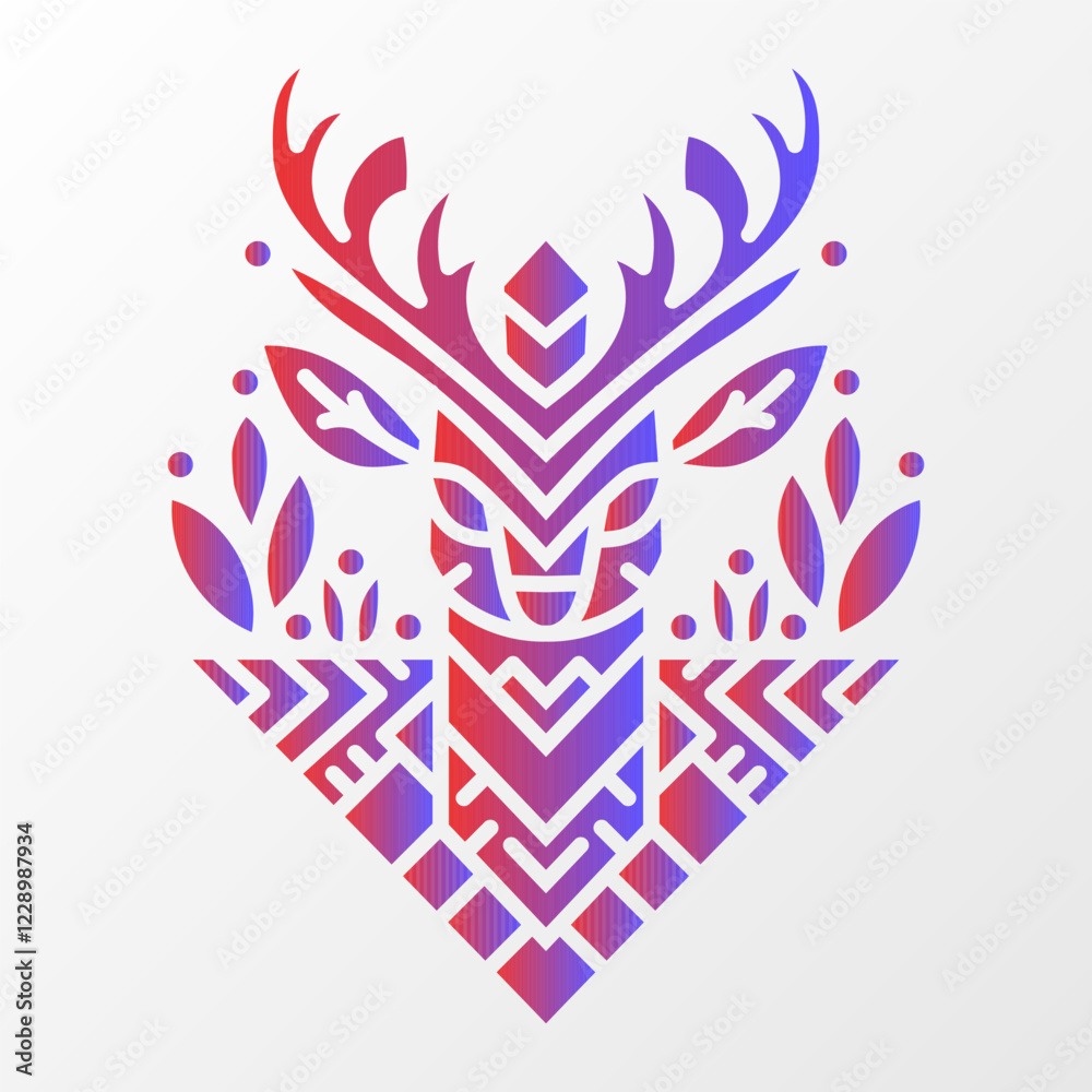 Abstract deer head illustration featuring geometric patterns, red and purple gradient, and decorative nature-inspired elements on a white background. Geometric Deer Illustration with Nature Elements Abstract deer head illustration featuring geometric patterns, red and purple gradient, and decorative nature-inspired elements on a white background. Geometric Deer Illustration with Nature Elements