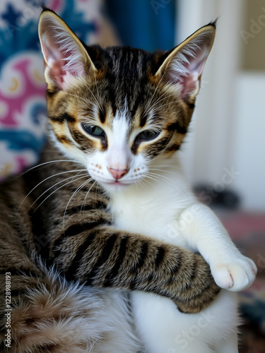 young tabby with a white cat in the arms photo