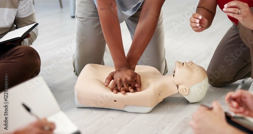 People, dummy or hands in office for CPR, first aid workshop or chest compression lesson. Colleagues, emergency practice or mannequin in agency for life saving procedure, notes or employee engagement photo