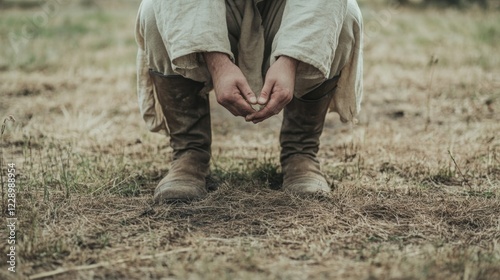Wallpaper Mural Person in medieval attire crouching outdoors, hands together. Torontodigital.ca