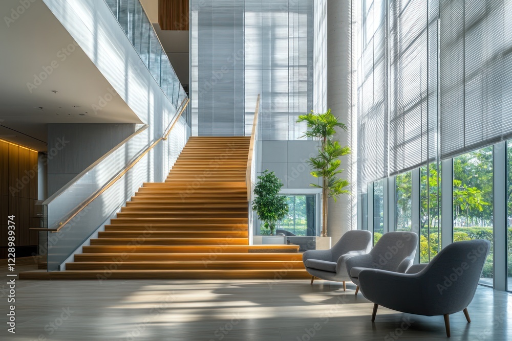 Obraz premium Modern office lobby with wooden staircase, sunlight streaming through large windows, and comfortable seating area.