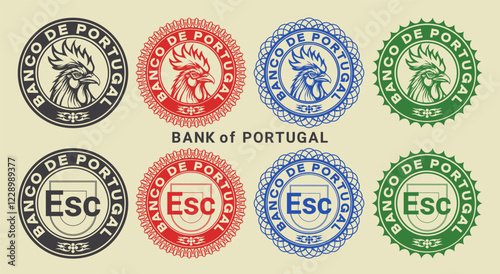 Vector graphic set of financial fictional seals. Collection of round icons with rooster head and escudo symbol, inscription in portuguese means Bank of Portugal. Emblems or badges.