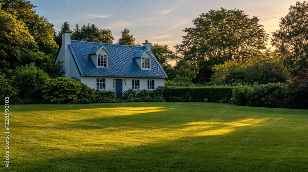 Fototapeta premium Charming white cottage with blue roof, nestled in a lush green garden at sunset.