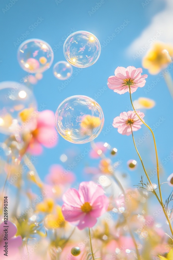 Obraz premium Delicate Pink Cosmos and Bubbles in a Sunny Field