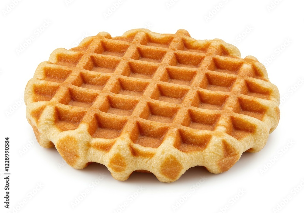 A classic round Belgian waffle with a golden crispy exterior and a soft fluffy texture isolated on a white background A classic round Belgian waffle with a golden crispy exterior and a soft fluffy texture isolated on a white background